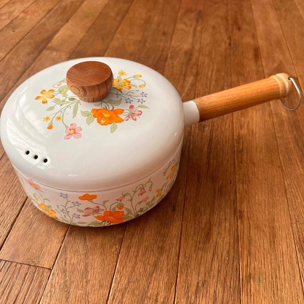 Vintage Enamel Floral Saucepan Unisex 7in Wood Handle White Orange 1970s Kitchen
